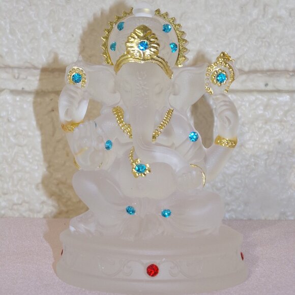 GANESH CLEAR GLAZE CRYSTAL STATUE-Bejeweled Resin Stone-4.5 in Figurine-Success - Picture 3 of 16